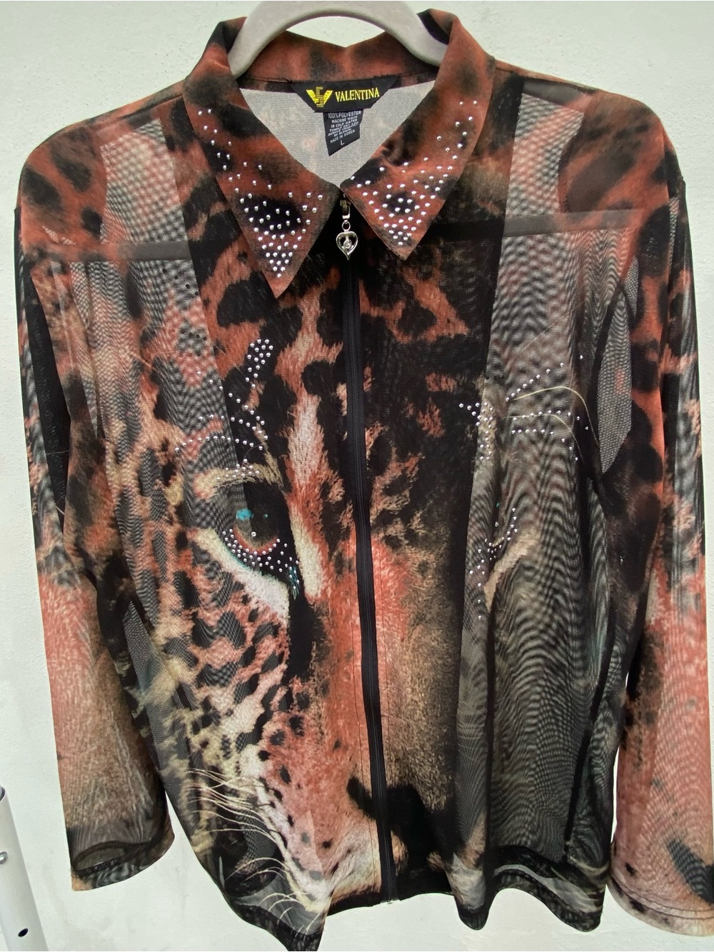 Y2K Black Orange & Blue Rhinestone Leopard Graphic Print Mesh Zip Top Size Large